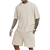 COZYEASE Men's 2 Piece Outfits Short Sleeve Crewneck Summer T Shirt and Drawstring Casual Track Shorts Set