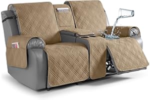 TAOCOCO Loveseat Recliner Cover with Center Console, 100% Waterproof Pet Cover for Dual Recliner with Straps Design, Split Reclining Loveseat Covers Furniture Pet&Kids Protector (2 Seater, Camel)