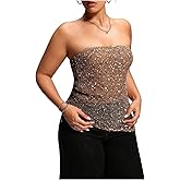 WDIRARA Women's Plus Size Sequin Tube Tops Glitter Strapless Asymmetrical Bandeau Tops Party Clubwear