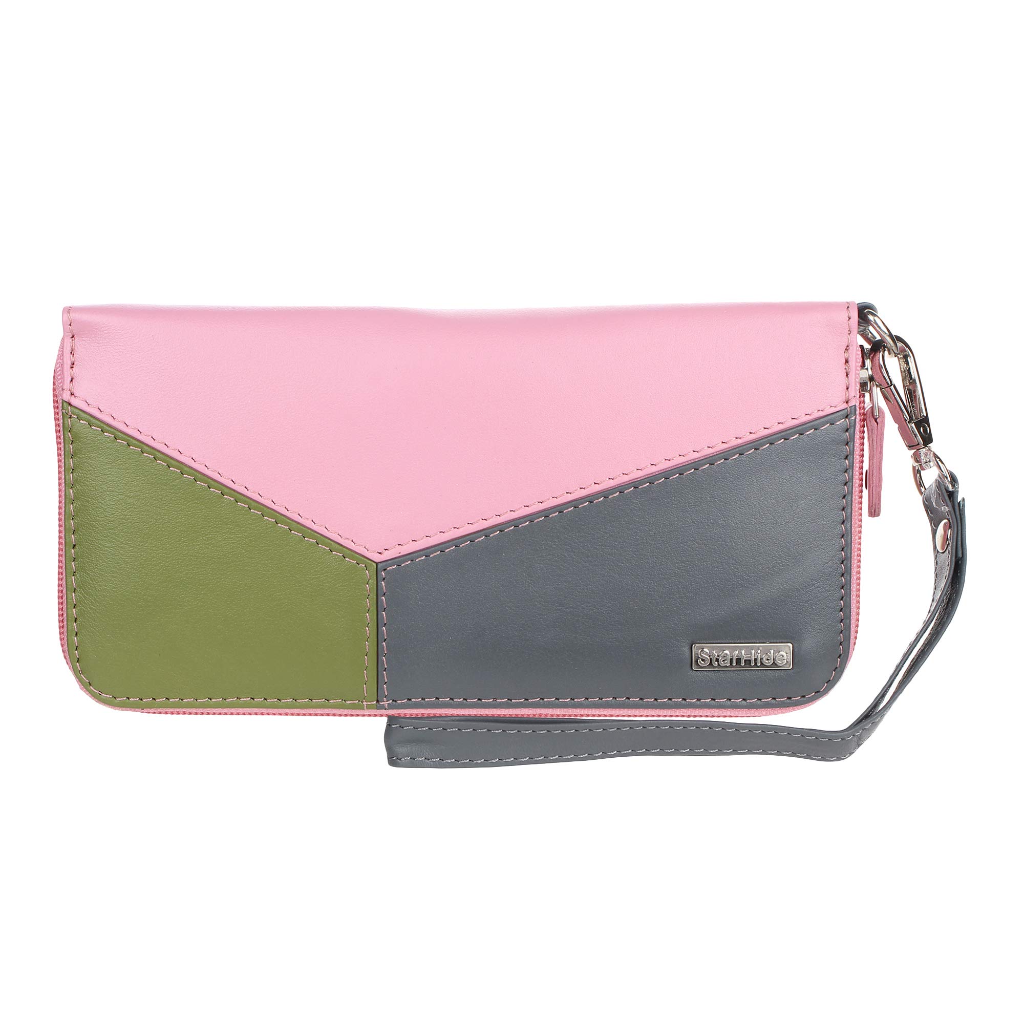 STARHIDE RFID Blocking Multicolored Women's Wallet - Genuine Slim Leather Cardholder Purse with Full Zip Closure, Detachable Wrist Strap, and Stylish Design 5610 (Pink/Grey/Green)