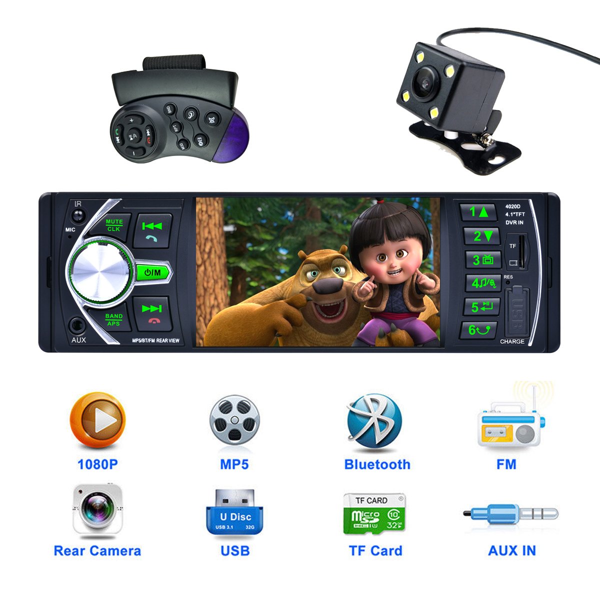超歓迎 Cared 4 1インチカーステレオmp5プレーヤー Bluetooth車ユニットラジオオーディオ受信機 ステアリングホイールコントロール Rear Viewカメラ Mp3 Usb Sd Aux In Dvr入力 12 V Tftスクリーンhd 1080pビデオ ワイヤレスリモート B078lryy5r 安心の定価販売