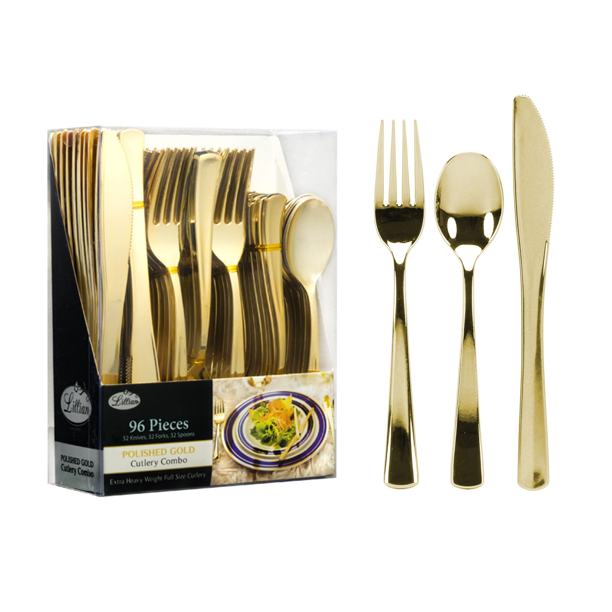 Premium Polished Metallic Cutlery Combo | Gold Disposable Silverware Set for Parties & Buffets, 96 Pcs | Includes Silverware - Forks, Spoons & Knives