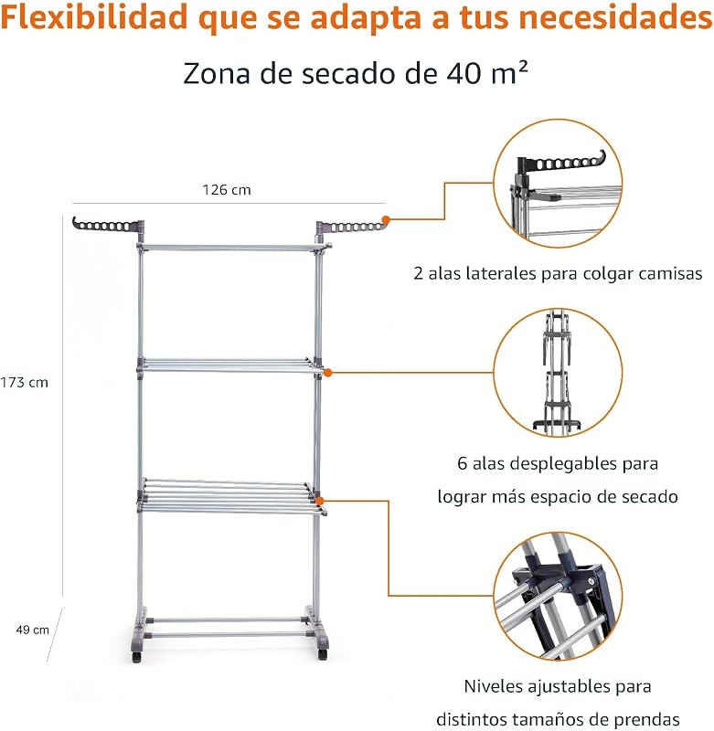 Tendedero tipo torre, para interior, con alas plegables, Plateado, 4-niveles, 126 x 64 x 173 cm (L x W x H) — foto 3 de 8