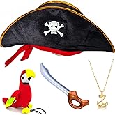 Haokixin 4Pcs Pirate Hat Skull Print & Stuffed Shoulder Parrot & Inflatable Swords Anchor Pendant Necklace, Pirates Captain Costume Accessories for Adults Woman Men for Halloween Party Cosplay