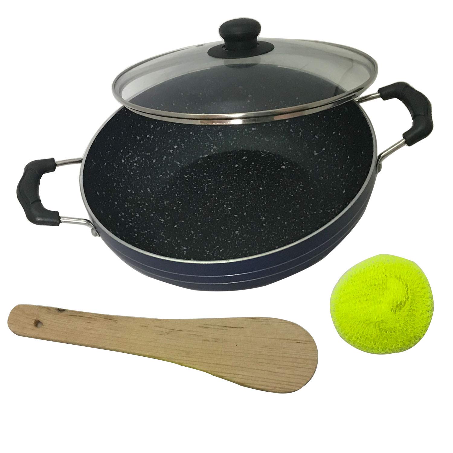 YADNESH Induction Base Non-Stick Kadai with Glass Lid Non Stick Frying Wok Flat Bottom, Non Stick All Purpose Pan, Non-Stick Aluminium Kadhai Deep Fry Pan Non Stick 2.2 litre