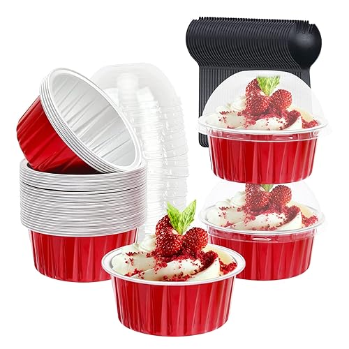 Red Cupcake Liners Muffin Tins 50 Pack,Free-Air 5oz Aluminum Foil Baking  Cups with Lids,Disposable Ramekins Cupcake Pans,Jumbo Muffin Liners Cupcake 