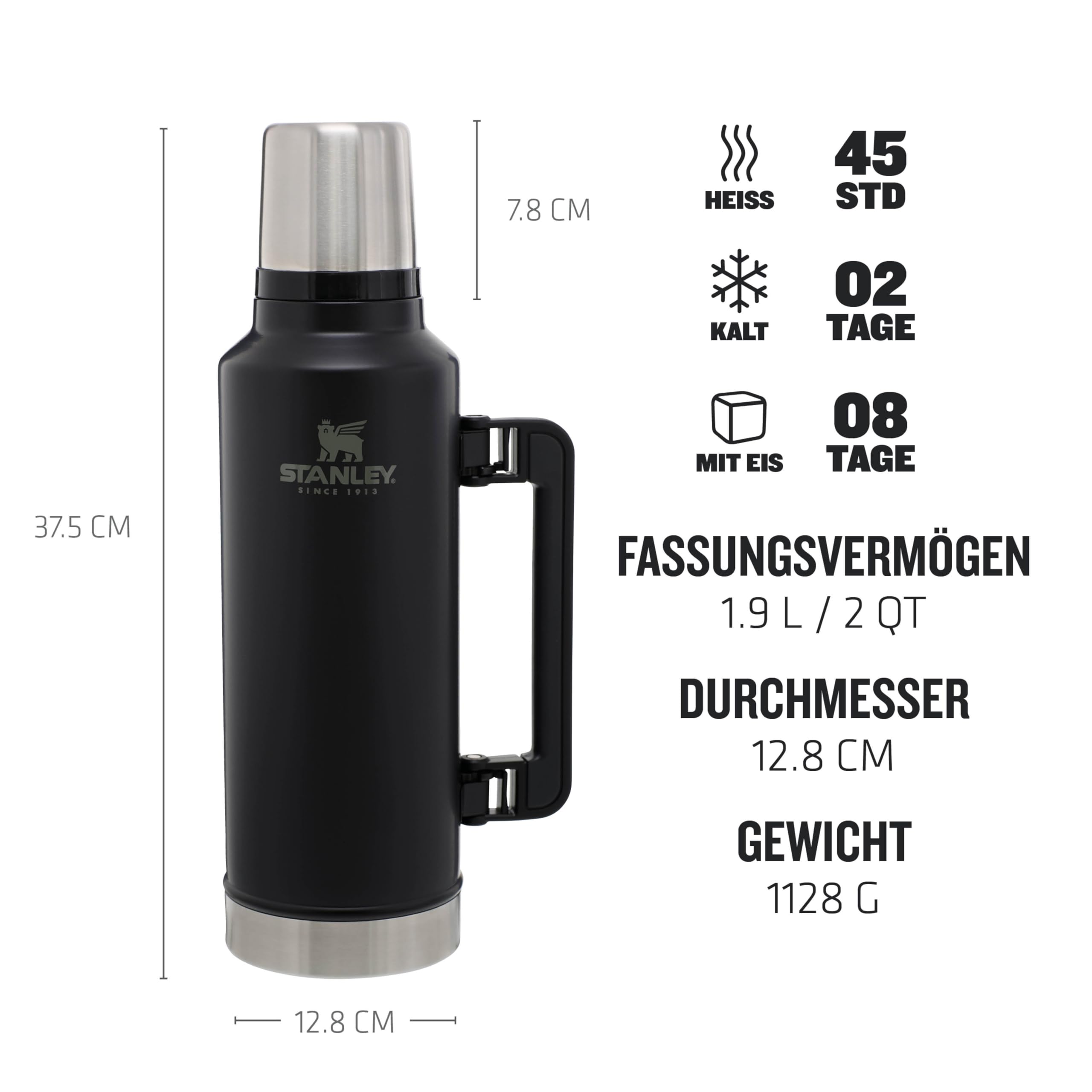 STANLEY 1913 Classic Legendary Thermosflasche 1.9L - Thermos Hält 45 Stunden Heiß Oder Kalt - Edelstahl Thermoskanne - BPA-Frei - Spülmaschinenfest - Matte Black 3