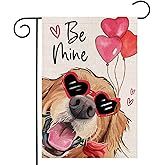 EKOREST Valentines Day Dog Be Mine Garden Flag 12x18 Double Sided,Golden Retriever with Balloons Small Yard Flag,Seasonal Outdoor Decor for Anniversary Wedding Holiday Outside