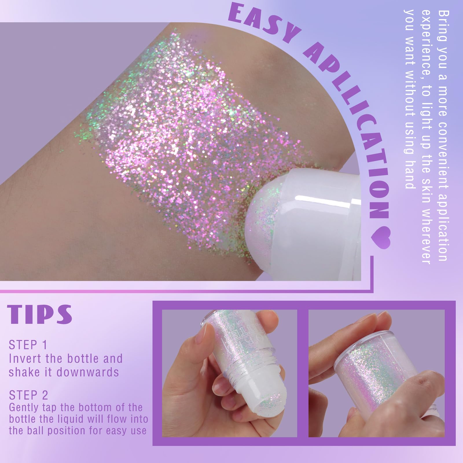 HOSAILY Roll-on Holographic Body Glitter Gel for Face Hair, Chameleon Color Changing Glitter Gel Under Light, Chunky Mermaid Sequins Festival Party Rave Accessories Shimmer Makeup (8# Sparkling Pink)