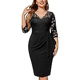 Miusol Women's Plus Size Retro Floral Lace Ruffle V Neck Party Cocktail Dress