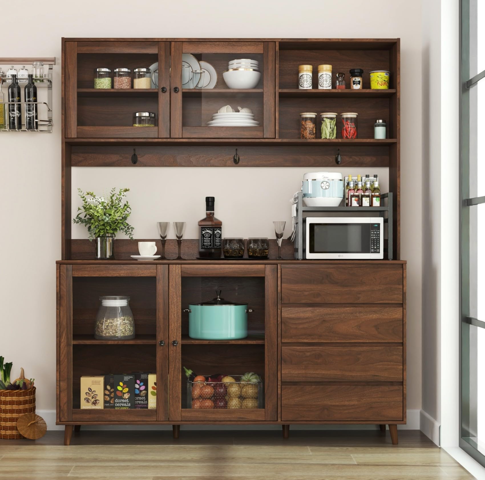 Photo 1 of KEIKI 75" H x 63" W Kitchen Pantry Storage Cabinet with Countertop, Glass Doors, Drawers, Microwave Stand and Shelves, Tall Freestanding Wood Hutch Food Pantries Cupboard for Coffee Bar, Dining Room