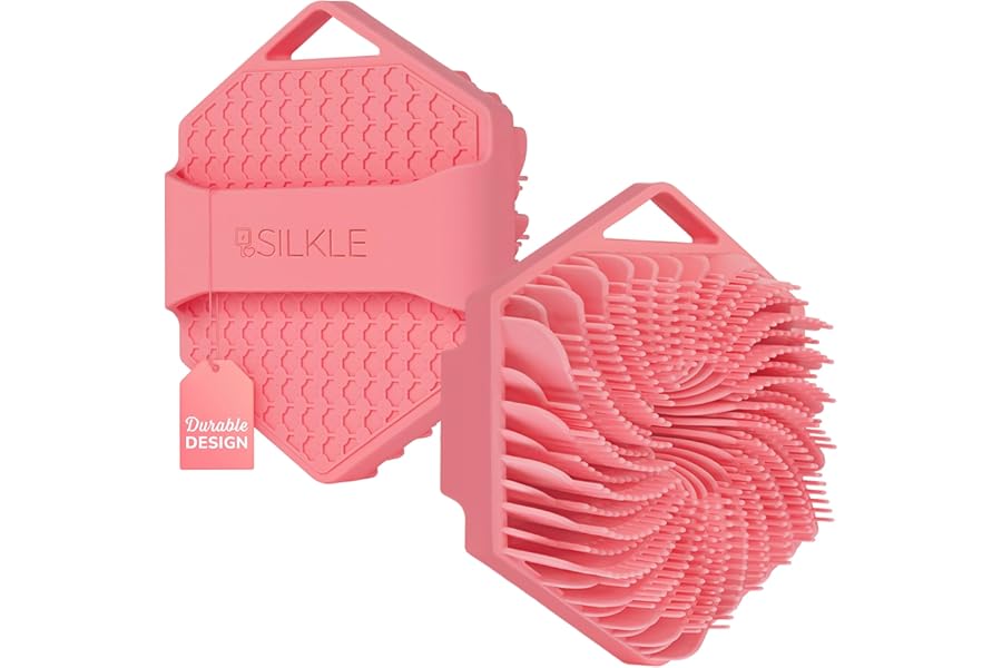 SILKLE Silicone Body Scrubber – Exfoliating Bath Brush and Skin Cleanser – Shower Sponge for Gentle Body Scrub and Wash – Silicone Scrubbing Care Tool for a Refreshed and Renewed You – Pink