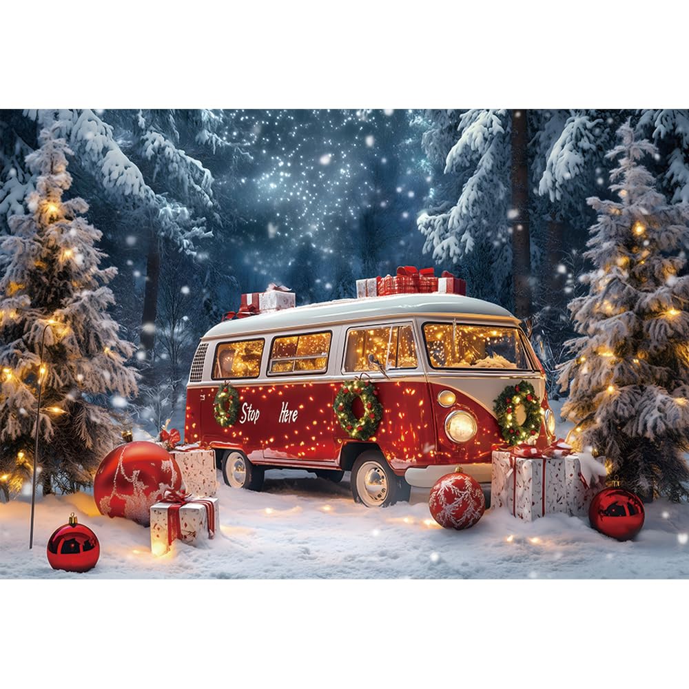 Bovlleetd Christmas Bus Backdrop 7x5ft Vinyl Winter Christmas Camper Red Bus Snowy Glitter Pine Tree Photography Background for Merry Christmas New Year Portrait Photoshoot Studio
