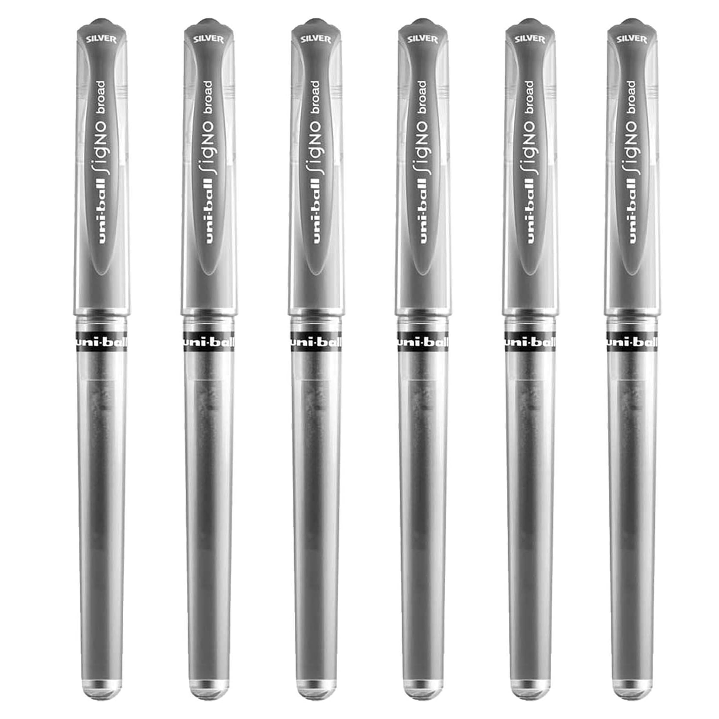 Uni Ball Silver Signo Pen Broad Metallic Gel Ink Rollerball Metal 1mm Tip Nib 0.65mm Line Width With Rubber Grip UM-153 (Pack Of 6)