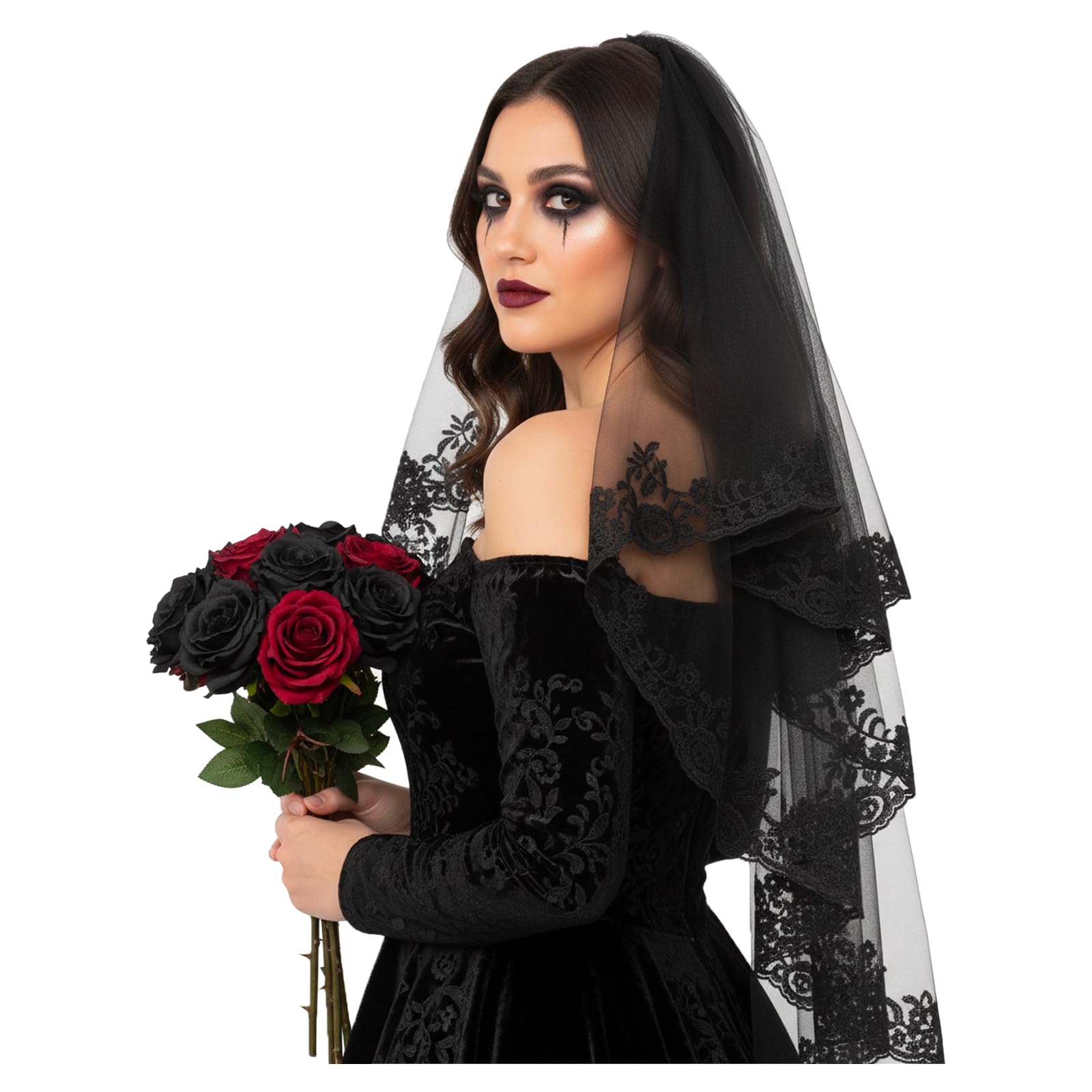 Photo 1 of ***2 ITEMS INCLUDED***TWPER Black Veils for Women, Lace Wedding Veil Long for Gothic Dress, Bride Veil Bachelorette Party, Halloween Costume, Bridal Accessories***2 ITEMS INCLUDED***