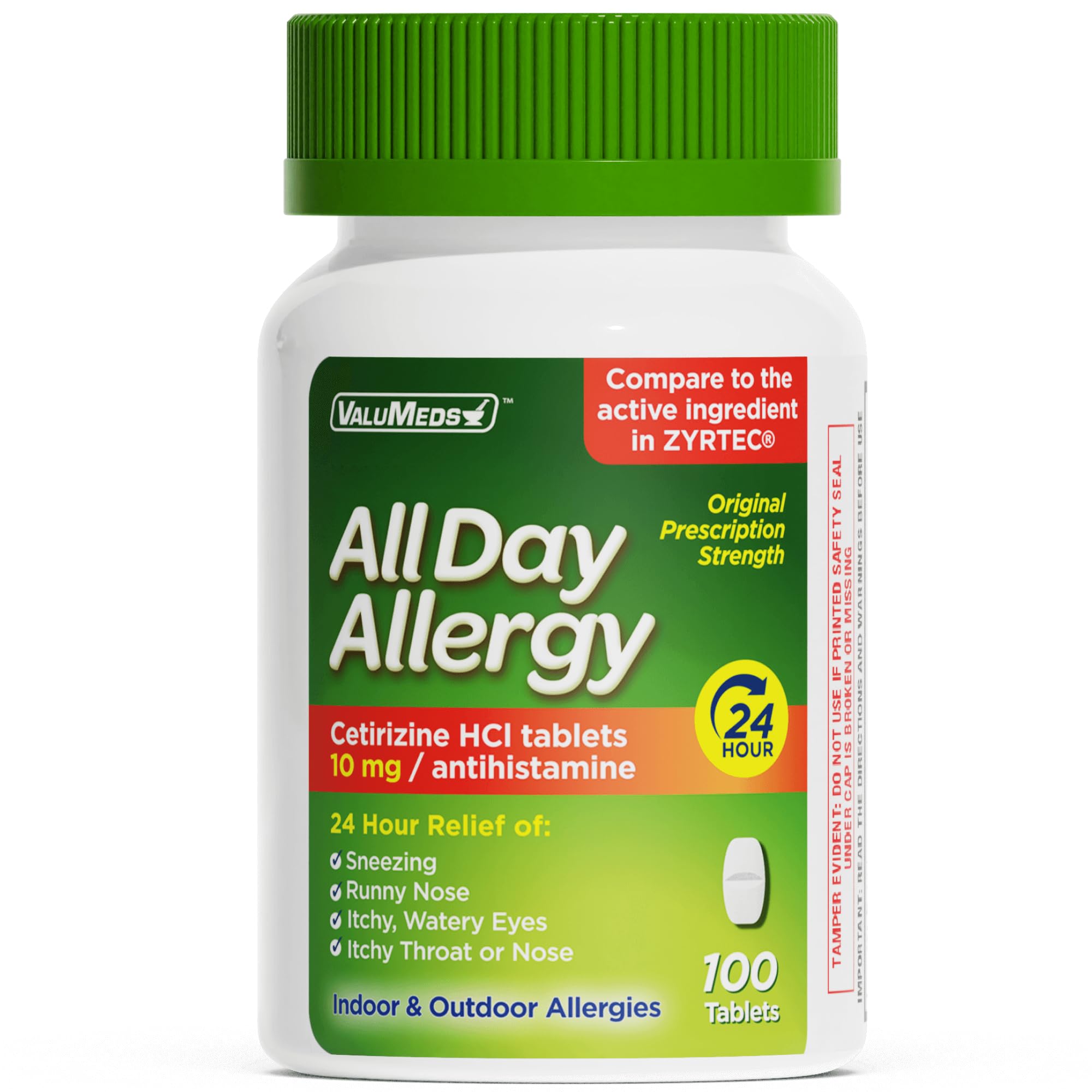 ValuMeds 24-Hour Allergy Medicine Antihistamine for Pollen, Hay Fever, Dry, Itchy Eyes, Allergies | Cetirizine HCl 10mg Caplets, Compare to Leading Brand (100 Count)