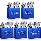 Sweetude 5 Pcs 5 Blue Valentine's Day Gift Bags for Him and Her, Senses Gift Bags with Handles and 10 Pcs Tissue Paper, 9 x 4 x 7.8 Inch Elegant Paper Decor for Birthday Wedding Anniversary