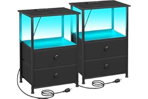 LOAKEKEL Night Stand Set 2, LED Nightstand with Charging Station, End Tables with Storage Shelf, Bed Side Table with 2 Fabric Drawers for Bedroom, Small Spaces, Black, HETS02BK