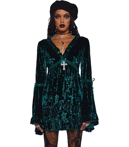 Dolls Kill Myths N' Legends Mini Dress by Current Mood – Green Velour Dress with Lace-Up Front & Puff Sleeves, XX-Small : Clothing, Shoes & Jewelry