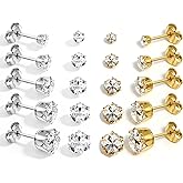 5 Pairs Stainless Steel Stud Earrings Set Silver 14K Gold Plated Stud Earrings 316L Hypoallergenic Cubic Zirconia CZ Earring for Women 3-7 mm