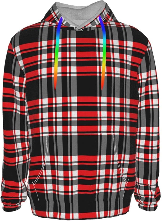 Amazon.com: Unisex Hoodies with Pocket Sweatshirt Plaid Red Black Stripes Digital Print Pullover 