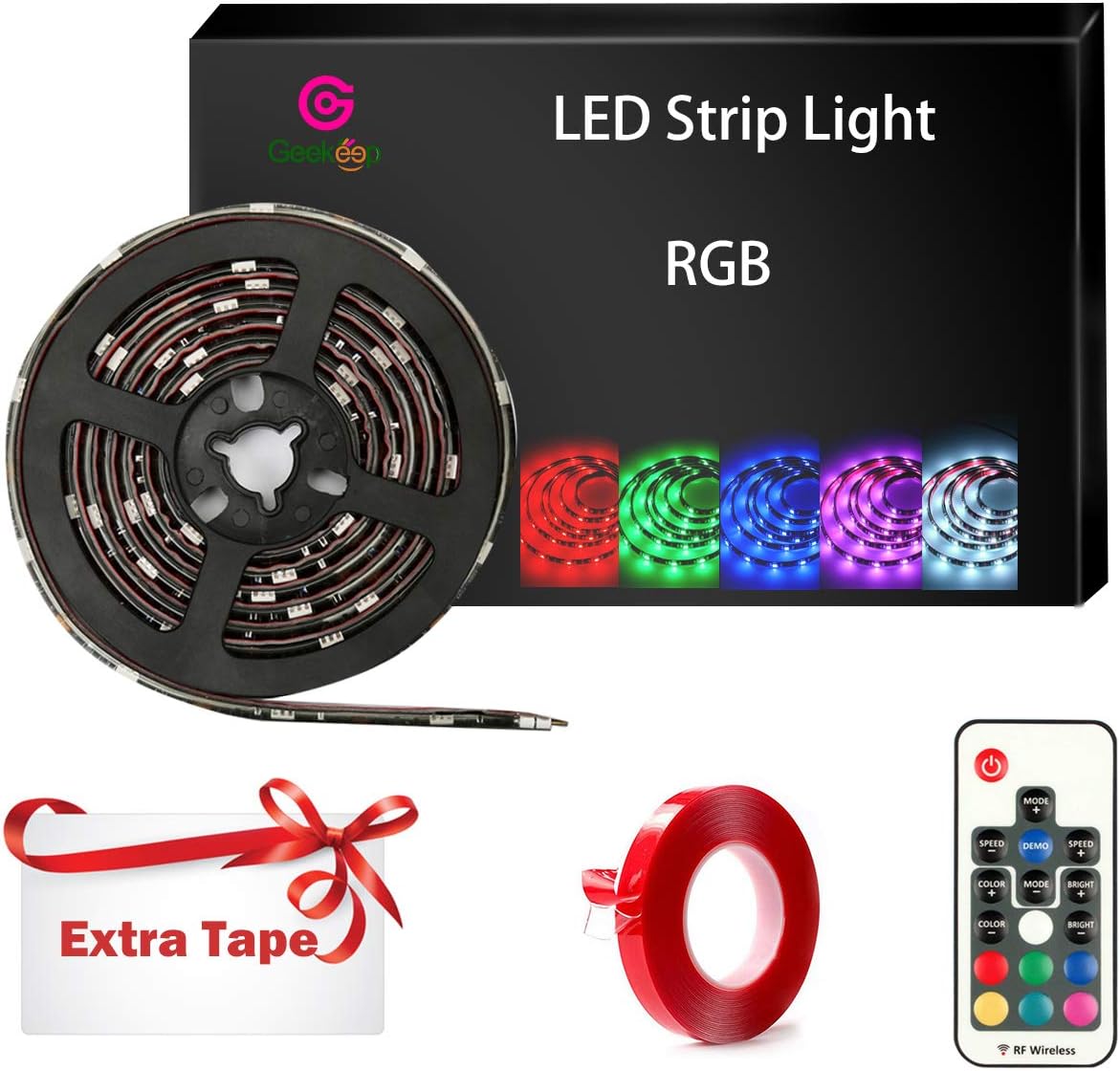 Battery Powered LED Strip Lights,Geekeep Waterproof RGB LED Light Strips,Flexible and Cuttable Rope Light with Battery Pack and USB Cable,17 Key RF Wireless Remote Controller-Black (2m/6.56ft)