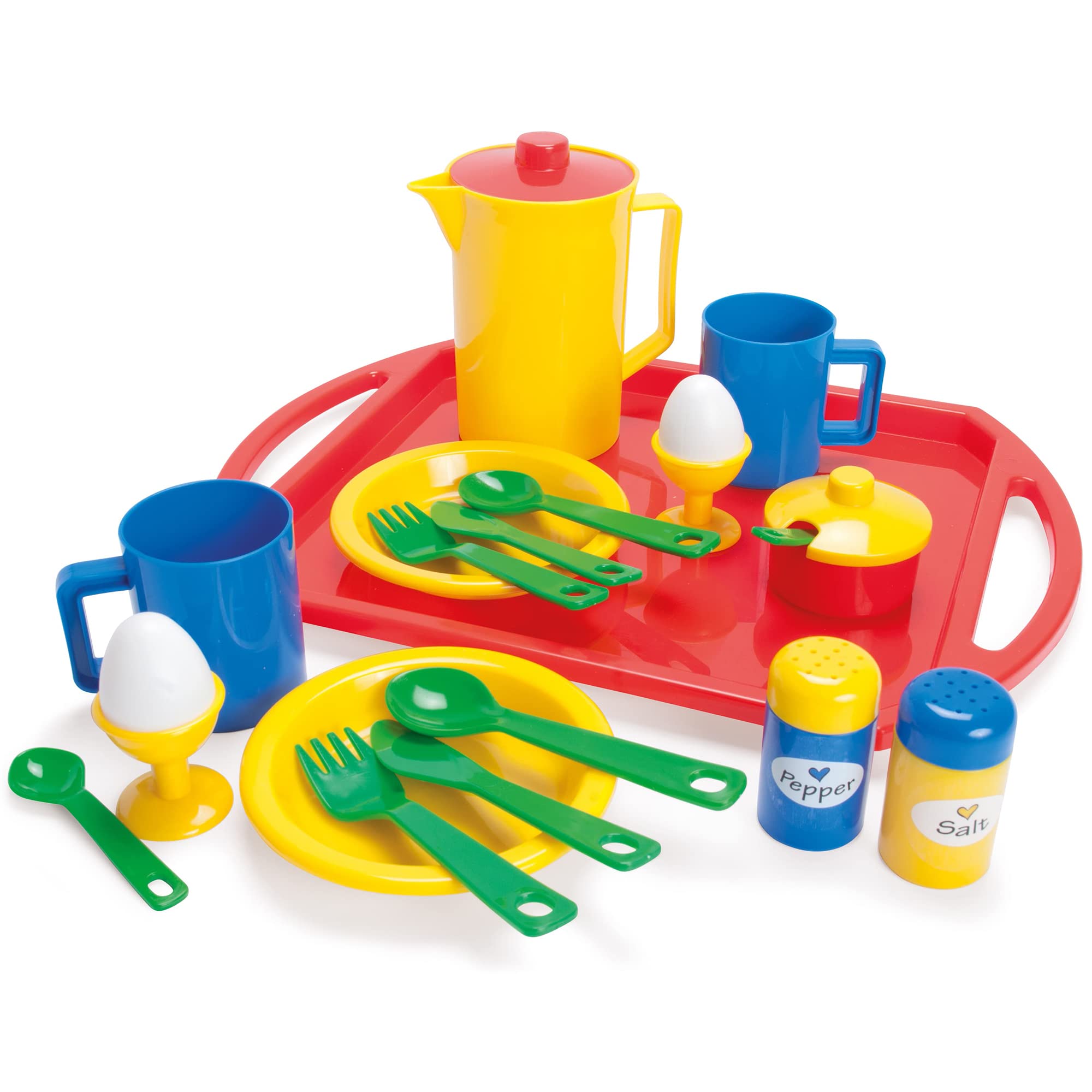 Dantoy - Breakfast Set with Tray - Role Play - Toy Set - Play Kitchen - 23 Pieces - Accessories - From 2 Years - Tableware Set – Fun Multi-Colours in Plastic - Dishwascher Safe - Made in Denmark