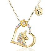 NORBU Hypoallergenic Unicorn Necklace for Girls Daughter - Colorful CZ Heart Pendant Clover Initial Unicorn Necklace, Gift of Dreams for Little Girls, Gold/Letter E