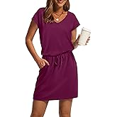 OFEEFAN Summer Dresses for Women 2026 V Neck T Shirt Casual Mini Dresses Tie Waist Sundresses with Pockets