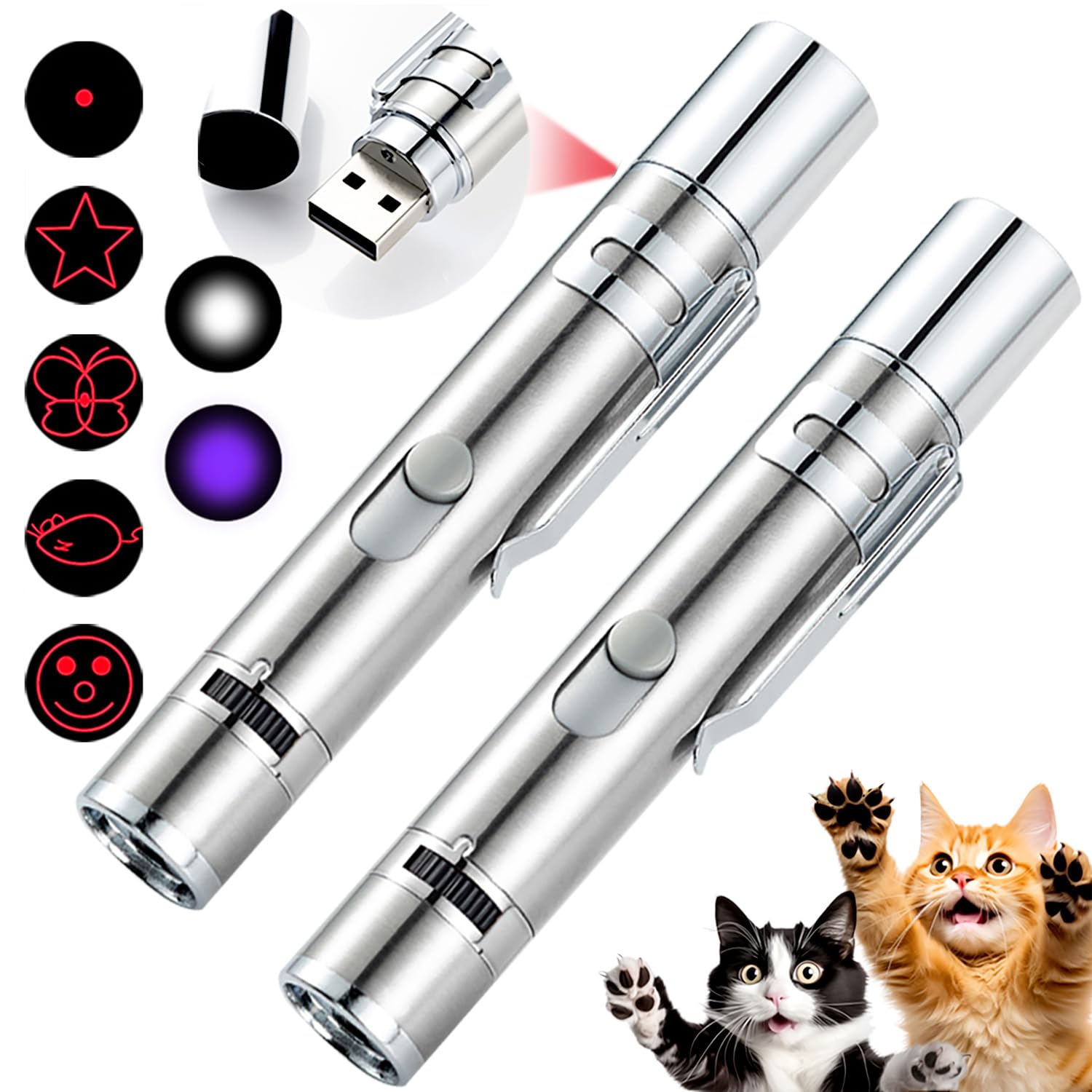 Cat Toys 2 pcs, 7 in 1 Function Interactive Cat Toy, USB Rechargeable LED Light, Interactive for Indoor Cats Dog, Red Dot Kitten Practice Chaser Toys