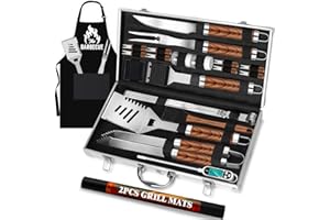 ROMANTICIST 26pcs Stainless Steel Grill Tool Set, Heavy Duty BBQ Grilling Accessories Gifts for Men Dad, Non-Slip Grill Utensils Kit with Apron, Thermometer, Mats in Aluminum Case for Christmas Brown
