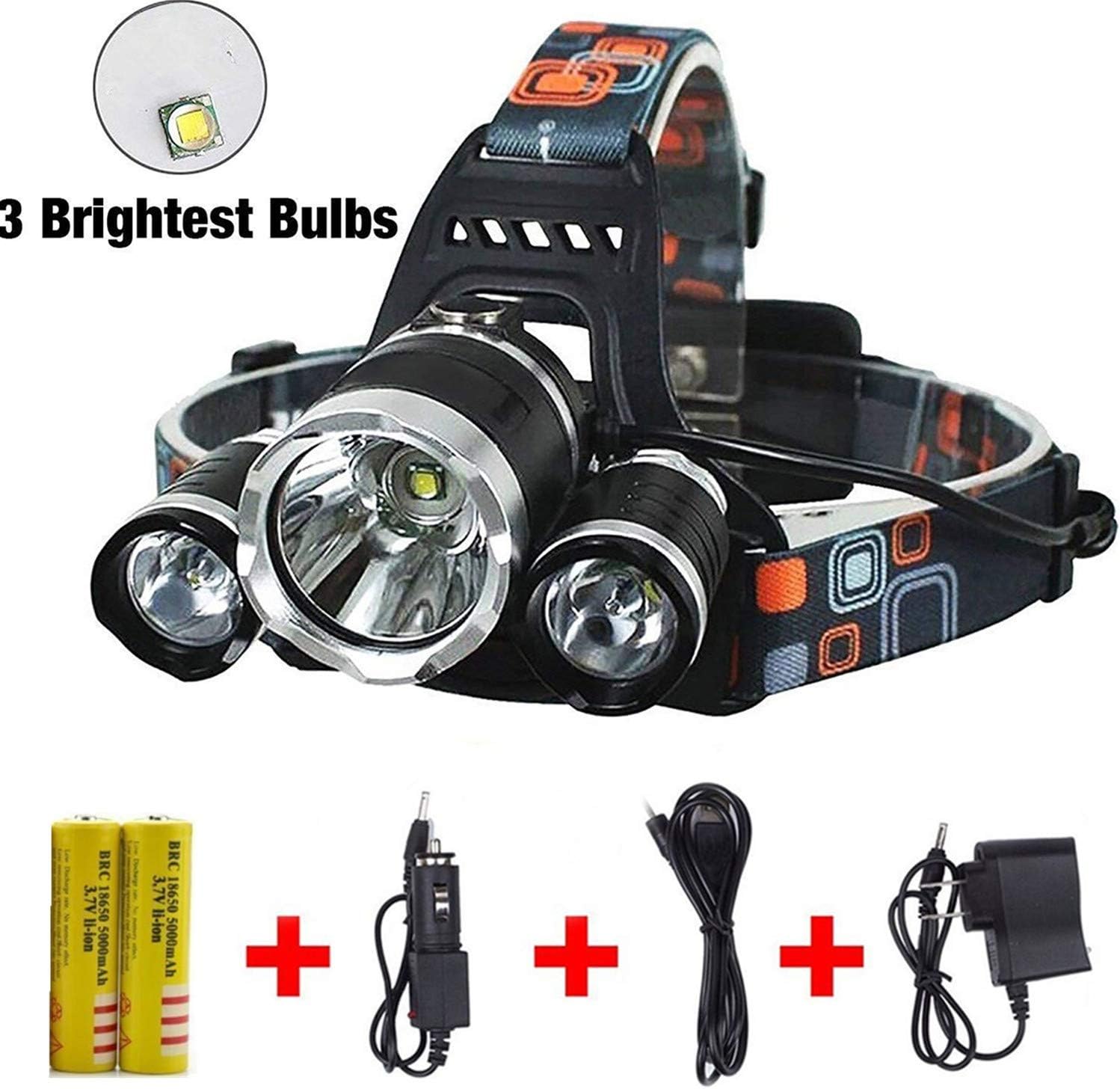 UVER Best Waterproof 10000 Lumen 3 Led Headlamp XML T6Head Lamp Powerful Led Headlight,18650 Rechargeable Batteries, Car Charger, Wall Charger and USB Cable