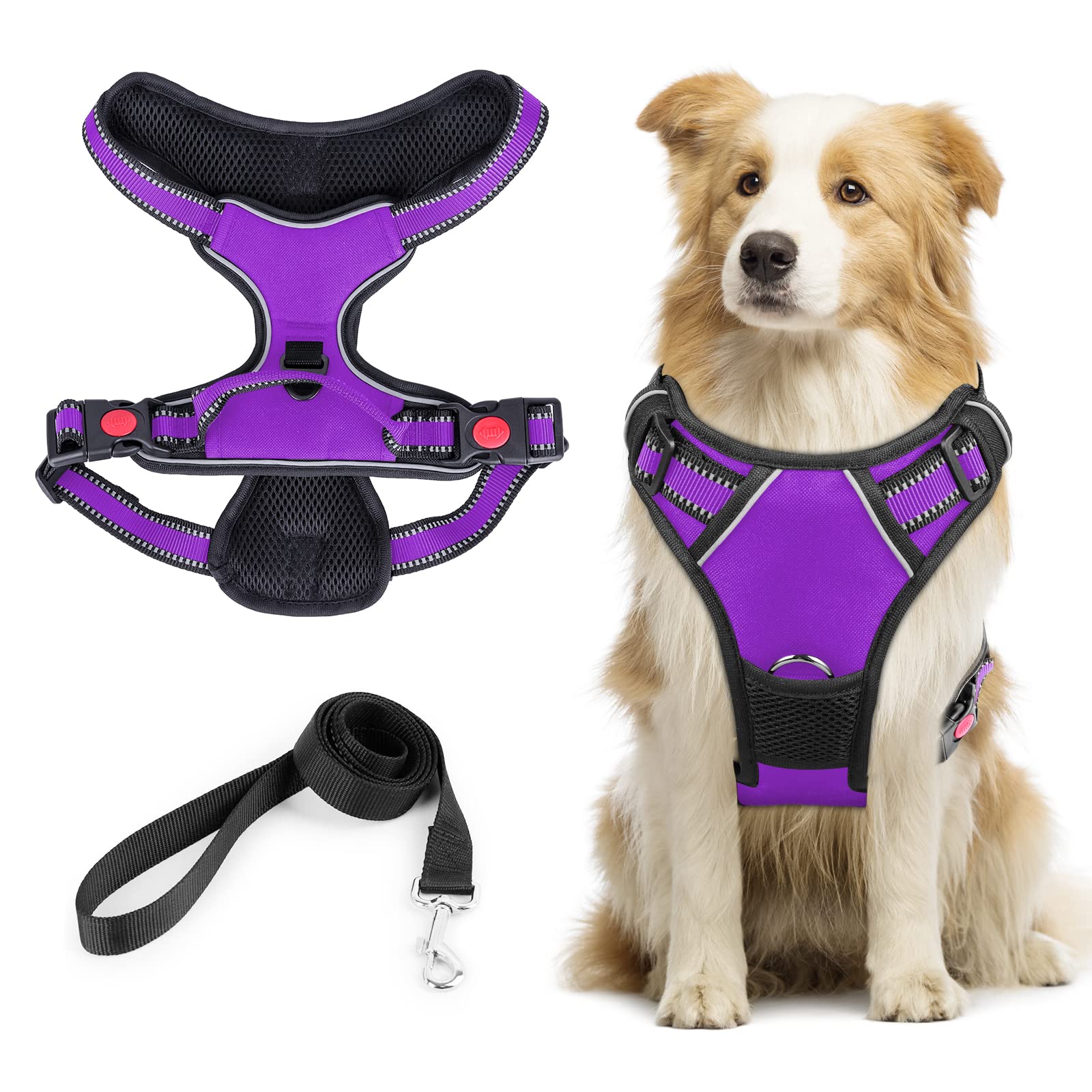 Vikaster No-Pull Dog Harness, Reflective, Large, Purple, Striped, Nylon, Adjustable, Anti-Pull, Safe, Comfortable, Breathable, Soft Padded, Suitable for Large and Medium Dogs