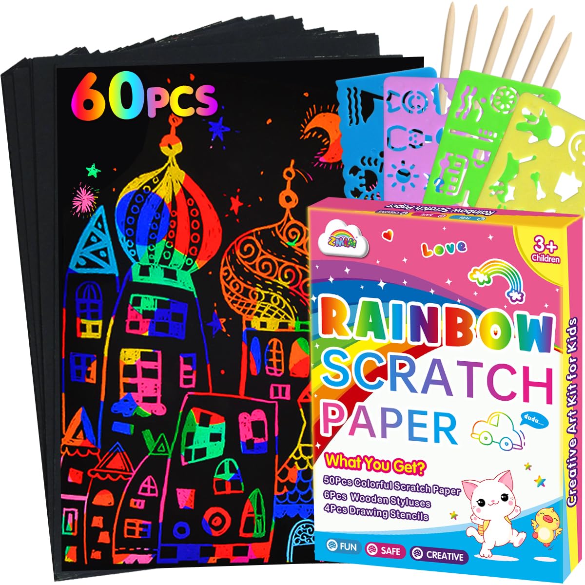 ZMLM Scratch Art for Kids - 50Pcs Magic Drawing Art Craft for Kids, Black Scratch Off Paper Supply Kit，Rainbow Scratch Paper Art for 3 4 5 6 7 8 9 10 Girl Boy,Party Favours,Birthday Gifts (Green)