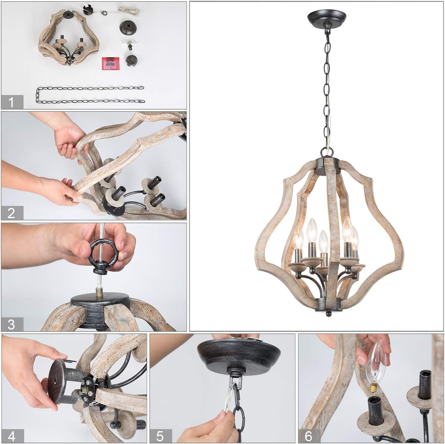 Farmhouse Orb Chandeliers, New Modern Farmhouse Chandelier, 5-Light Wooden Chandeliers for Foyer, Dining Rooms, Kitchen Island - - 