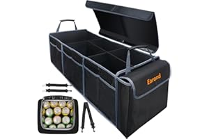 EAROND Collapsible Trunk Organizer with Insulated Leakproof Cooler Bag,Removable Lid,Adjustable Securing Straps,3 Compartments Trunk Organizer for SUV,Truck,Sedan(Grey & Black)