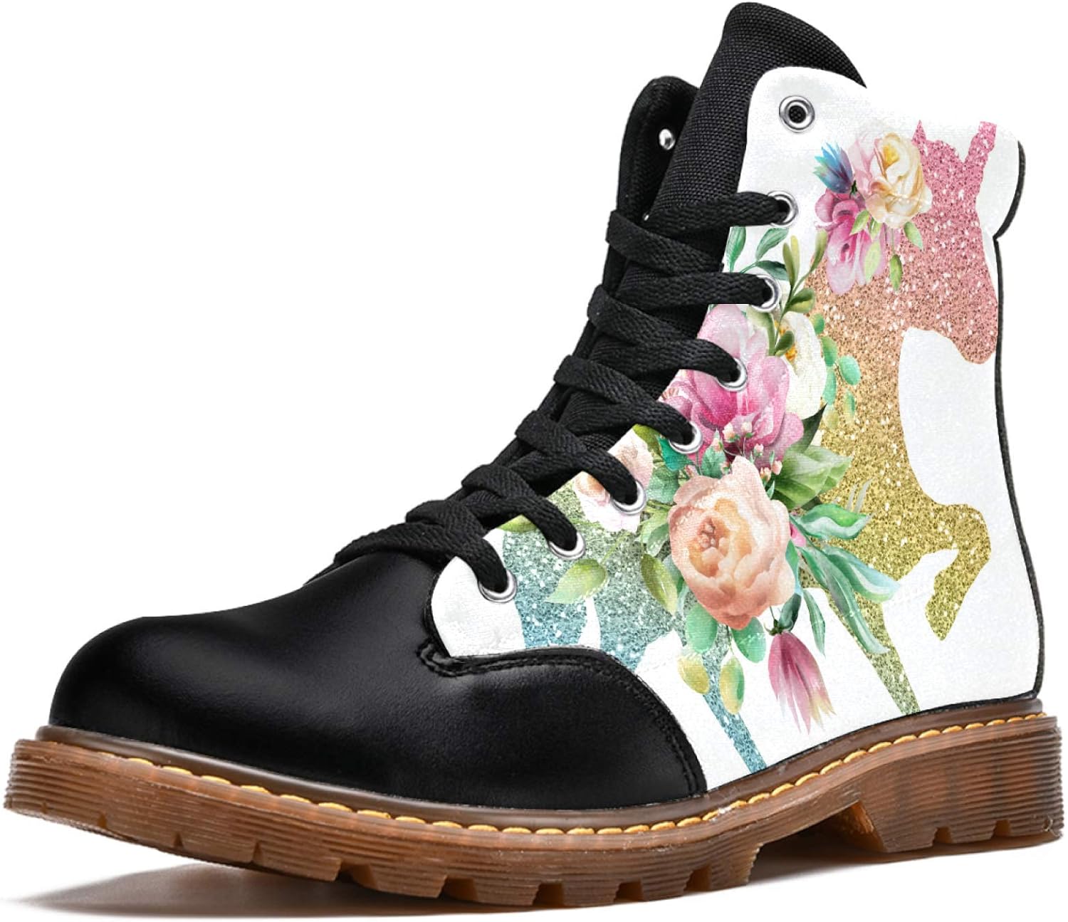 Lorvies Einhorn Rosa Blumen Winterstiefel Hohe Schuhe aus Segeltuch