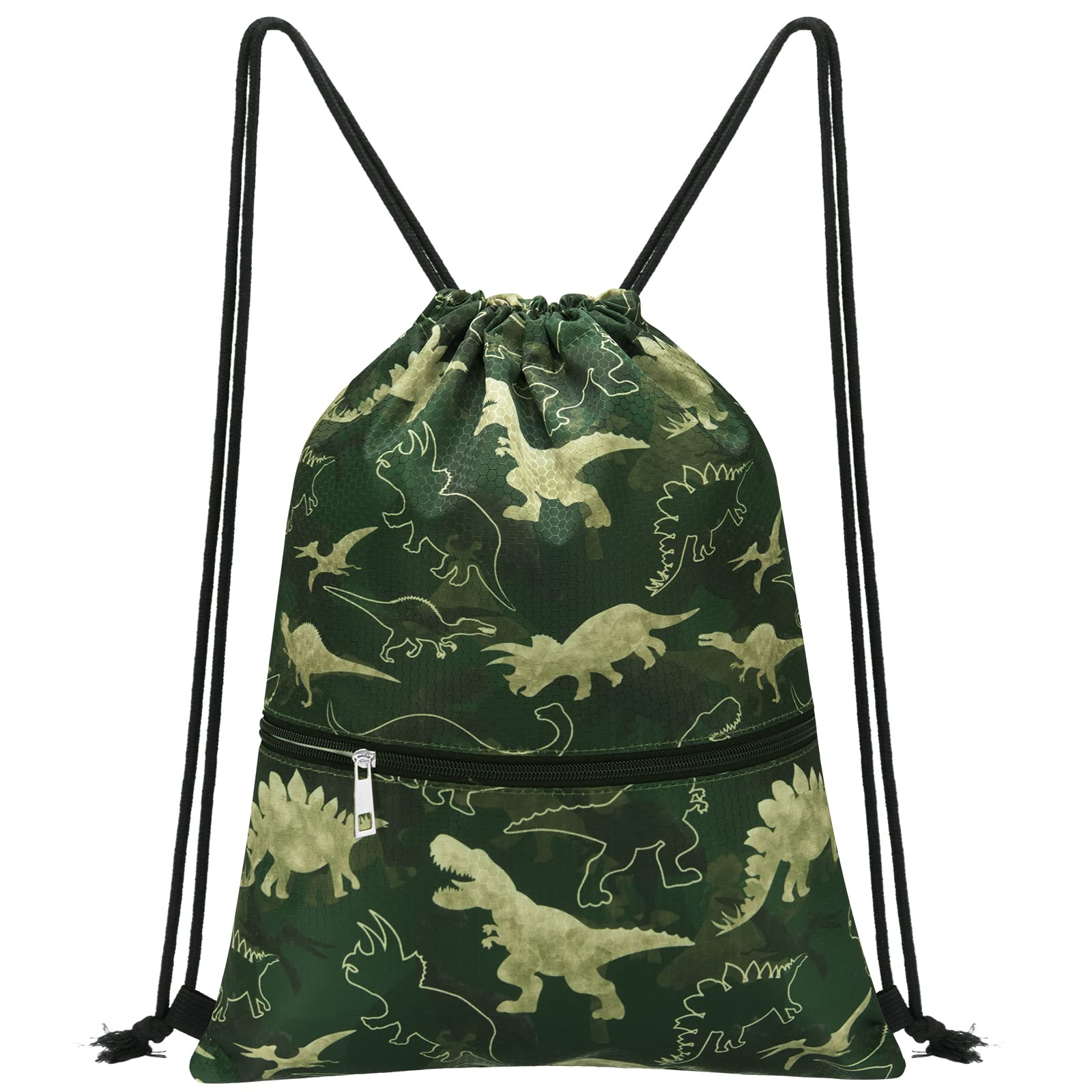 WAWSAM Dinosaur Drawstring Bags - Drawstring Bags for Boys Kids Swim PE Bag for Beach Swim Bag Swimming Pool School Draw String Bags with Zippered Pocket Waterproof Sports Gym Bag