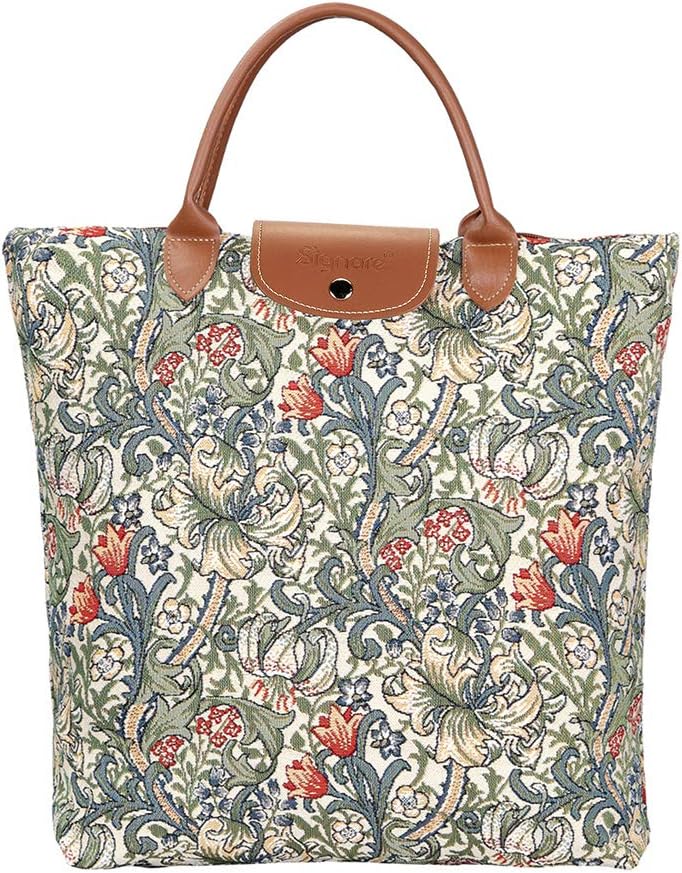 Signare Tapestry Foldable Tote Bag Reusable Shopping Bag Grocery Bag Design (Golden Lily, FDAW-GLILY), M