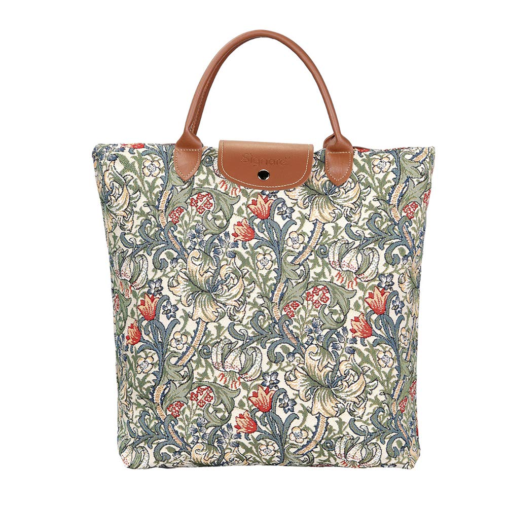 Signare Tapestry Foldable Tote Bag Reusable Shopping Bag Grocery Bag Design (Golden Lily, FDAW-GLILY)