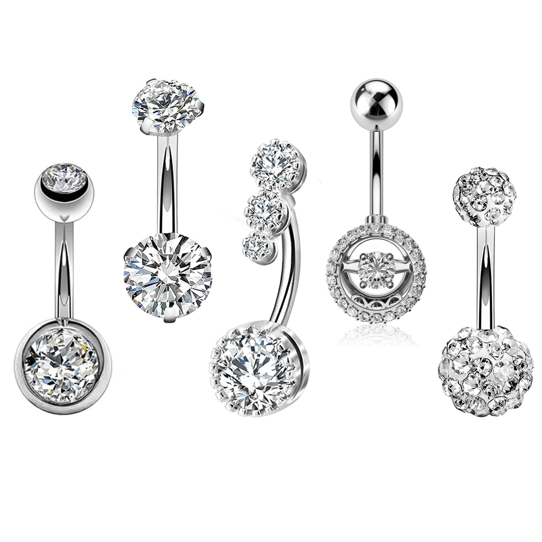 Melighting 5pcs 14G Belly Button Bars Navel Piercing Jewellery 316L Stainless Steel Belly Button Ring Clear CZ Navel Bar Belly Button Piercings Set for Women