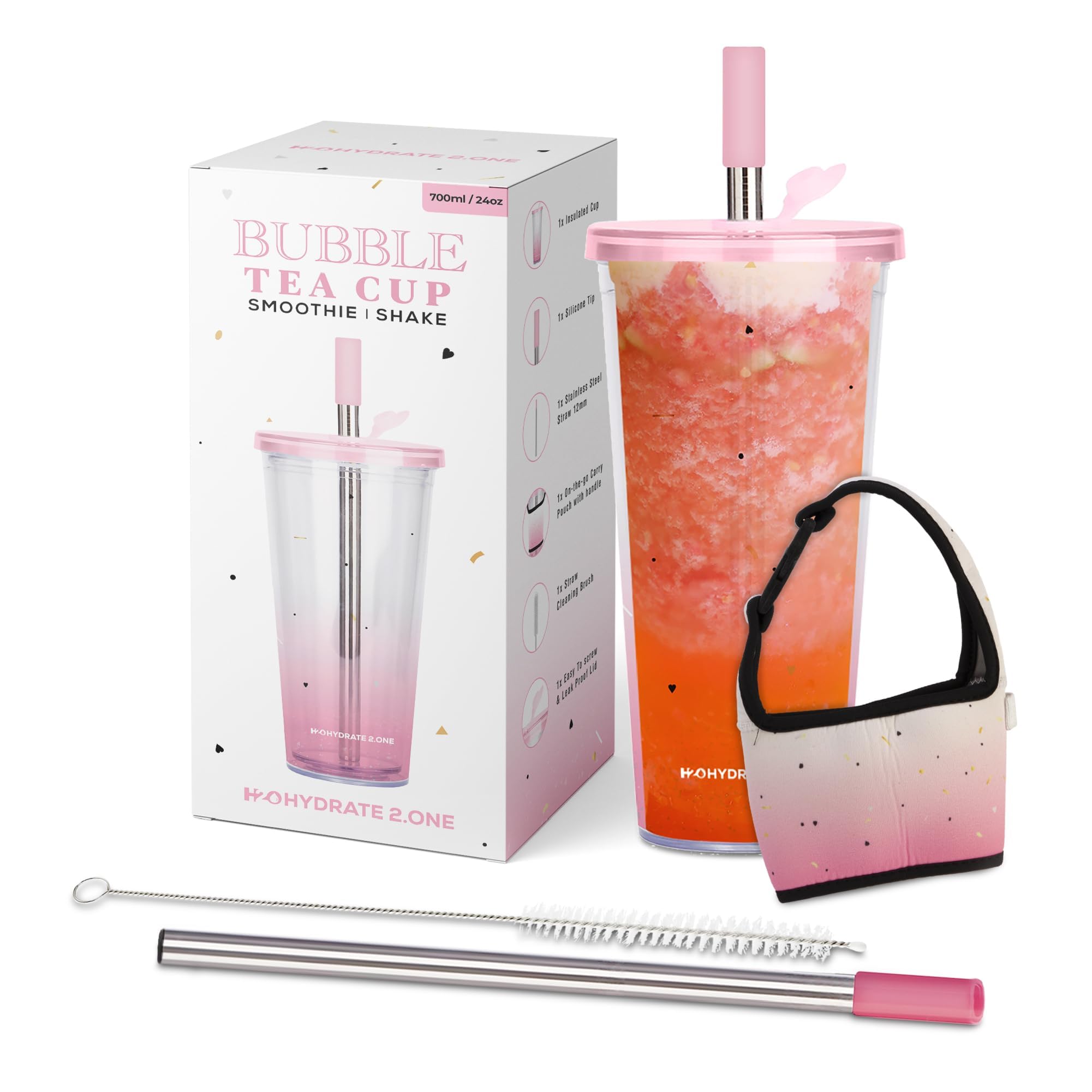 700ml Iced Coffee Cup with Lid, Thick Straw, Brush & SLEEVE | Reusable Travel Tumbler for Bubble Tea, Boba, Smoothie, Milkshake or Any Drinks (Pink)