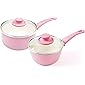 GreenLife Soft Grip Healthy Ceramic Nonstick Pink Saucepans with Lids, 1QT and 2QT,CC003169-001