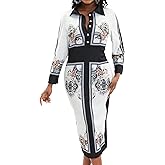Women Sexy Dresses Bodycon Church 3/4 Sleeve African Print Pencil Party Office Dress Work with Split