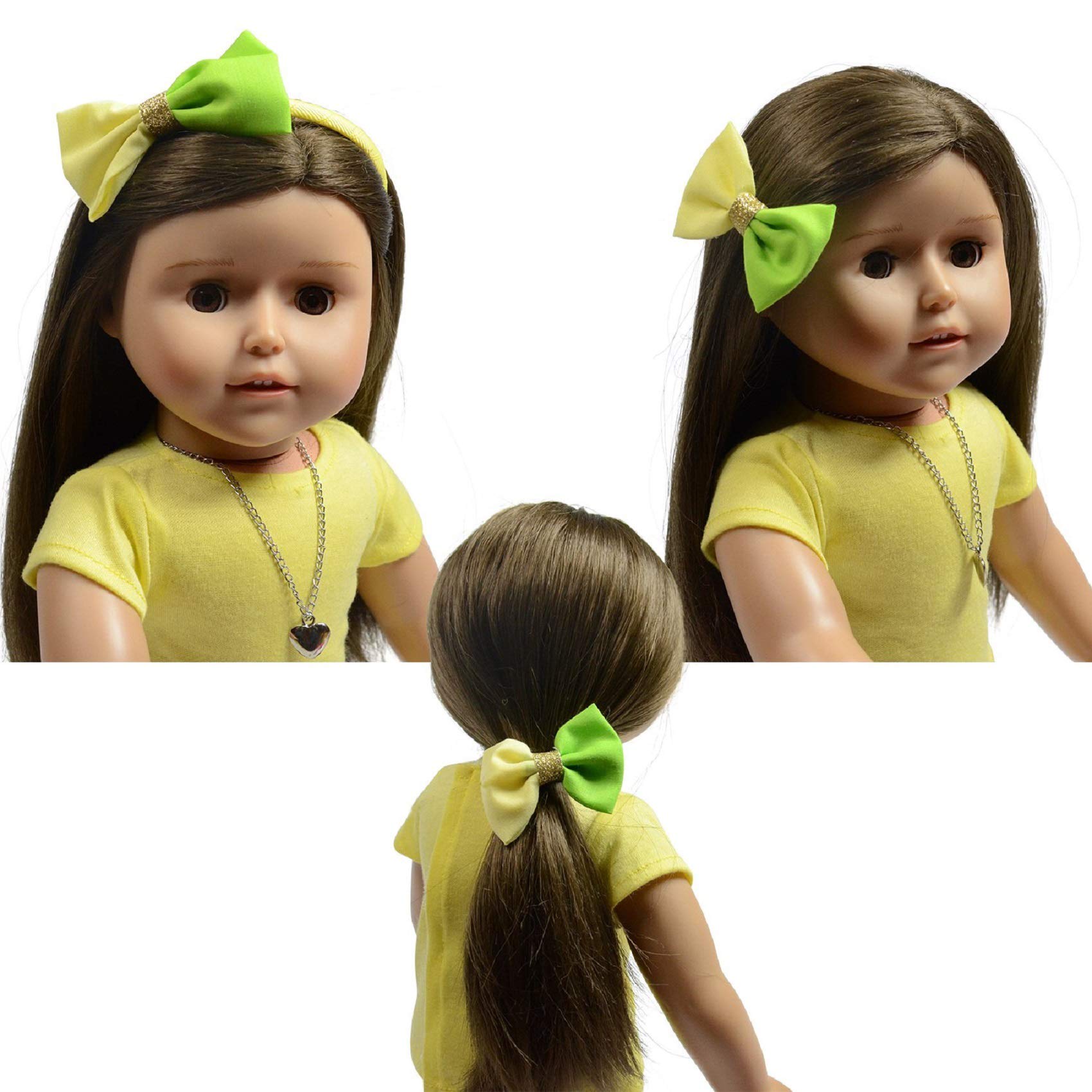 The New York Doll Collection Set of 3 Doll Hair Accessories - Includes Green and Yellow Headband, Pony Rubber and Clip for Fashion Girls Dolls - fits All 18 Inch/ 46cm Dolls - Doll Accessories