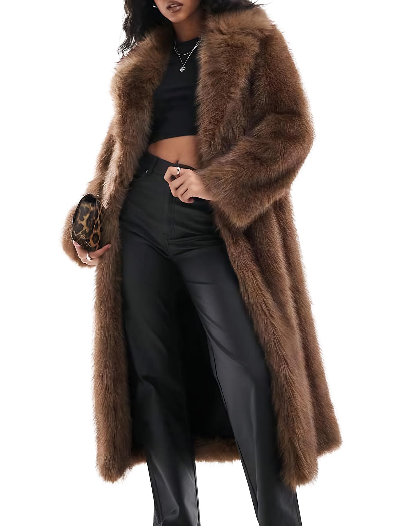 Photo 1 of COZYPOIN Womens Long Faux Fur Coat Long Sleeve Lapel Furry Fur Jackets Winter Warm Fluffy Outerwear Shaggy Overcoat(Brown-M)