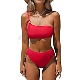 CUPSHE Women's Bikini Sets Two Piece Swimsuit High Waisted One Shoulder Asymmetrical Neck Self Tie Bathing Suit