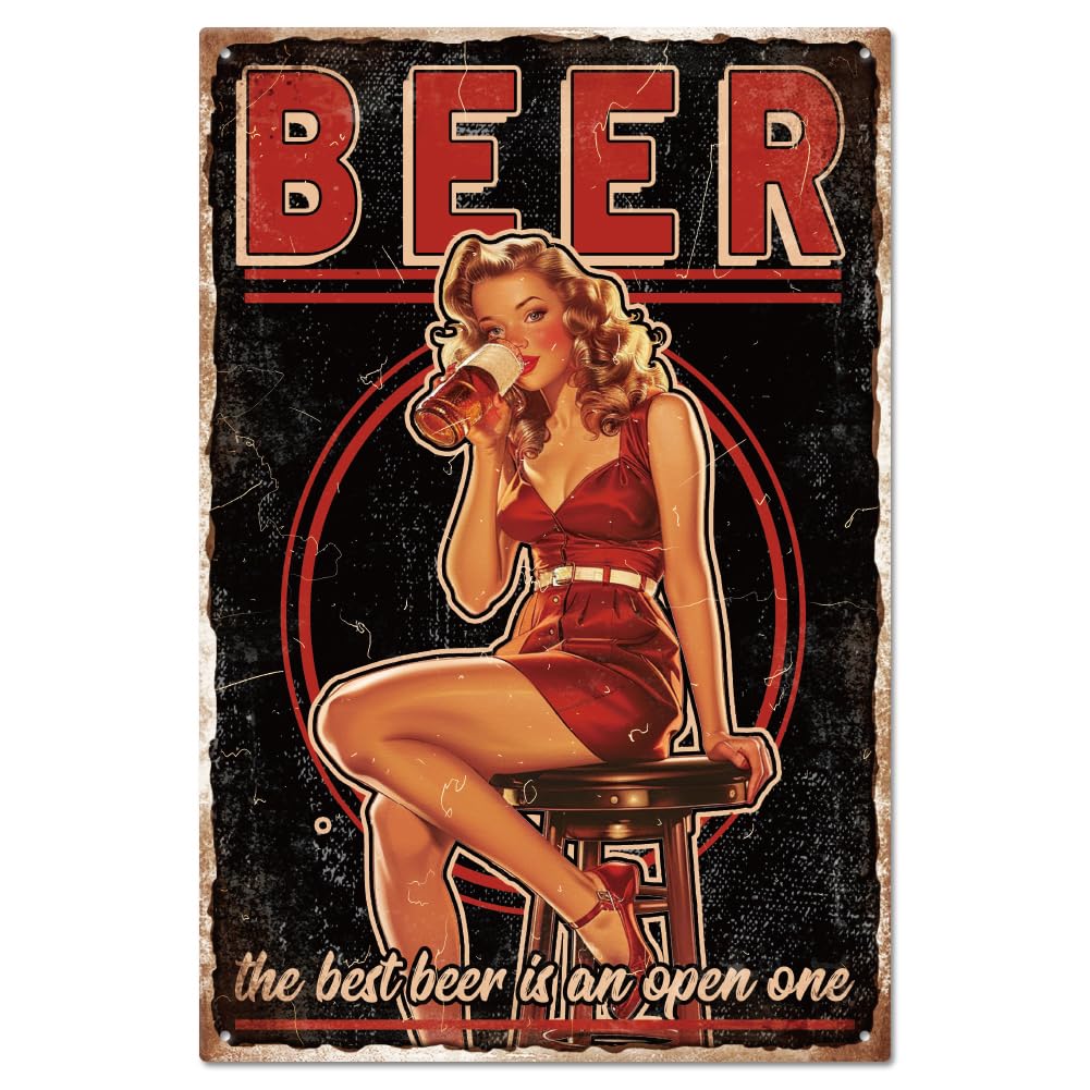GLOBLELAND Vintage Pin Up Lady Metal Tin Sign 8×12inch Retro Beer Funny Tin Room Door Sign Cave Signs Art Plaque Poster Wall Decor for Home Bars Cafe Pubs Club Decoration