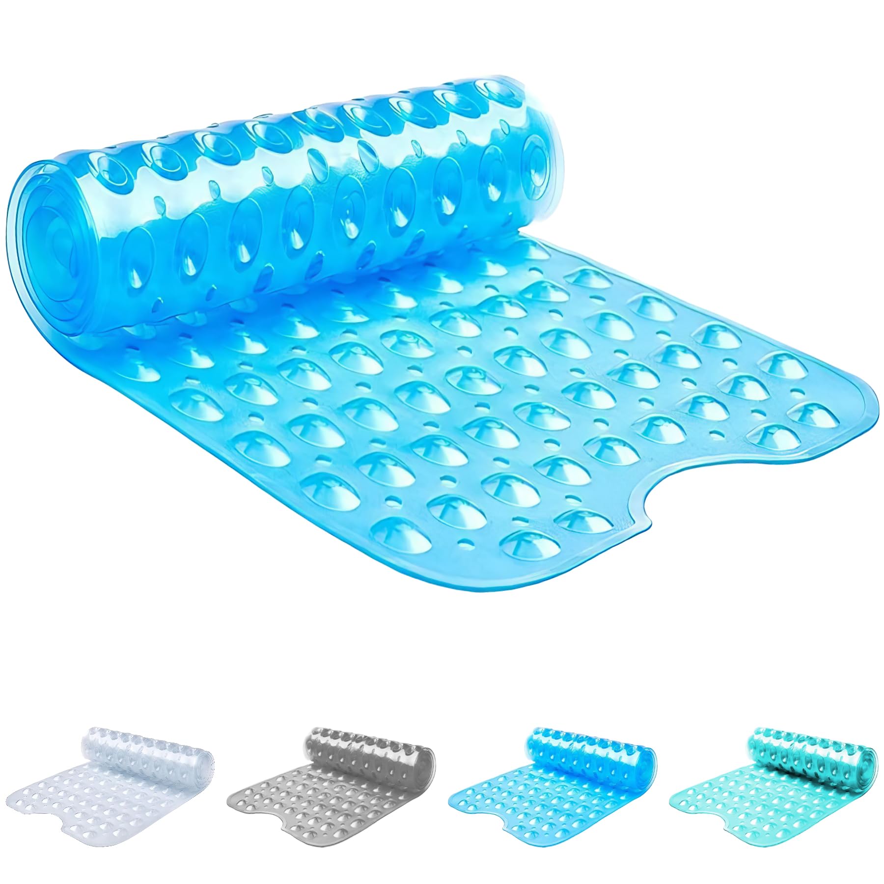 ADOV Shower Mat, Extra Long Non Slip Bath Mat Antibacterial Rubber 100x40 cm, Anti Mould Machine Washable Safety Bathroom Mat with Anti-Slip 200 Strong Suction Cups Griping, Drain Holes (Blue)