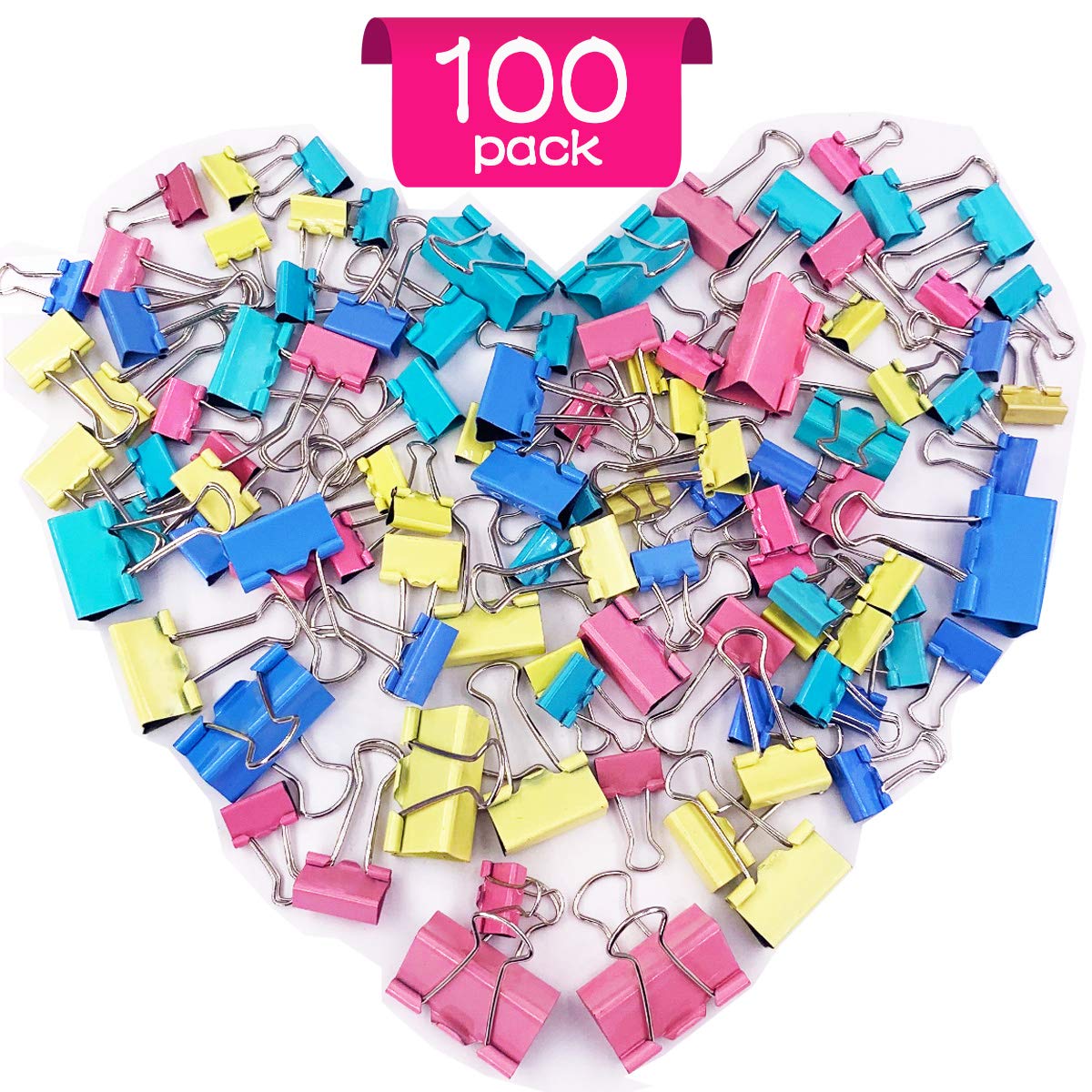 Clips Clamps- 100 pcs Metal Binder Clips 4 Sizes Foldback Clips Assorted Colours Paper Clips Clamps 15mm 19mm 25mm 32mm